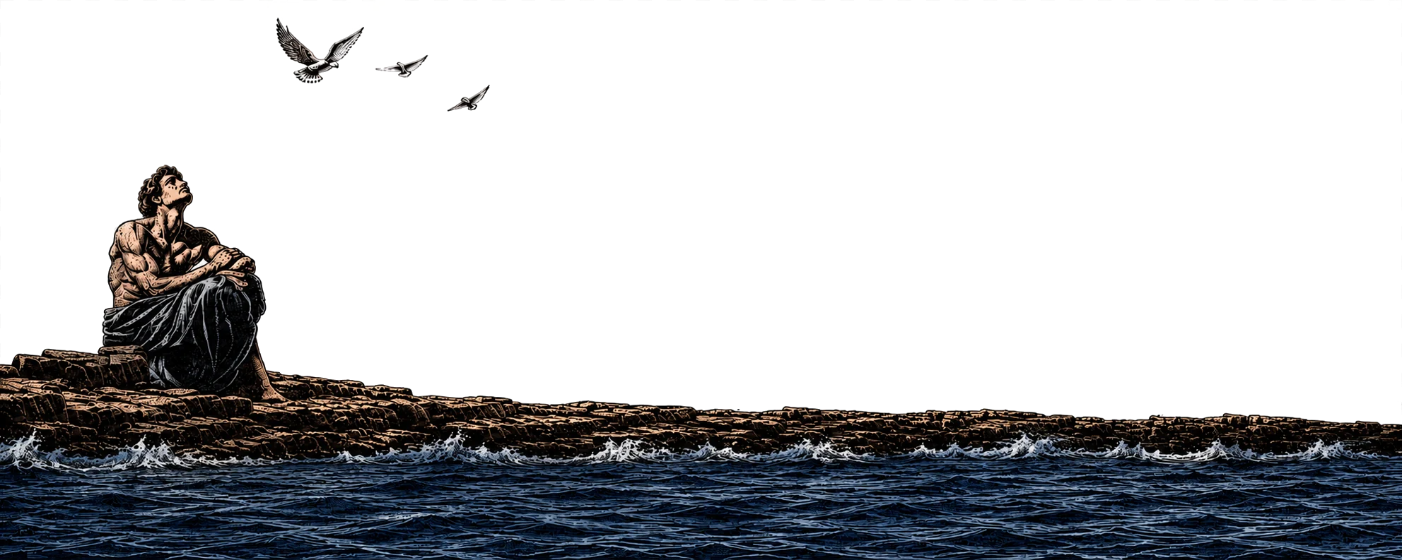 An engraved figure sits on a rocky shore looking up at three gulls, with the sea running below